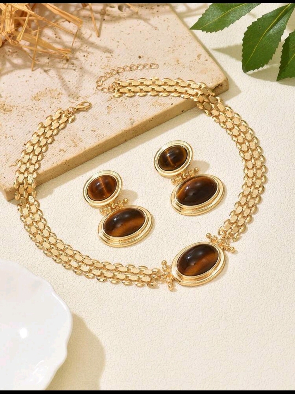 Gold-Tone Tiger's Eye Necklace & Earrings Set - Women Jewelry